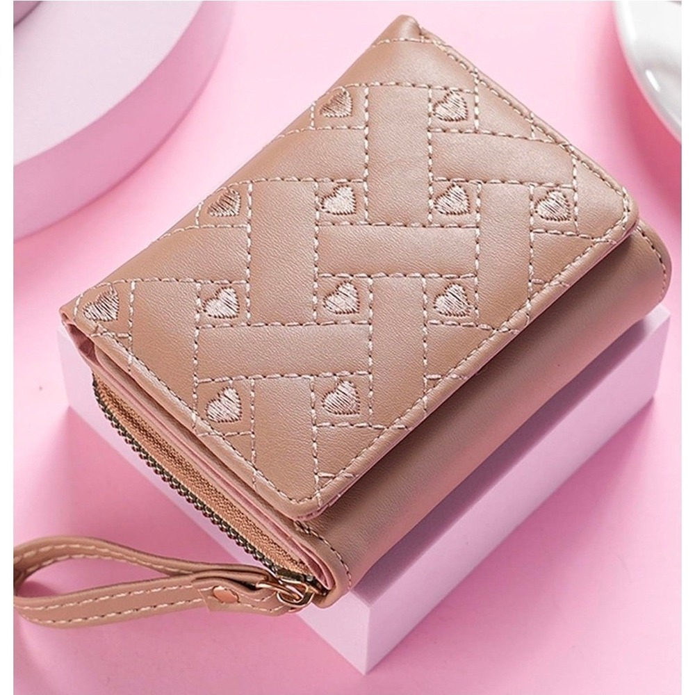 Tan Quilted Heart Embroidered Bifold Wristlet Wallet Gold Zip Small Compact
